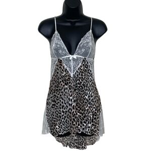 Victorias Secret Silk Leopard Print Lace Trim‎ Babydoll Chemise Sheer Women's S